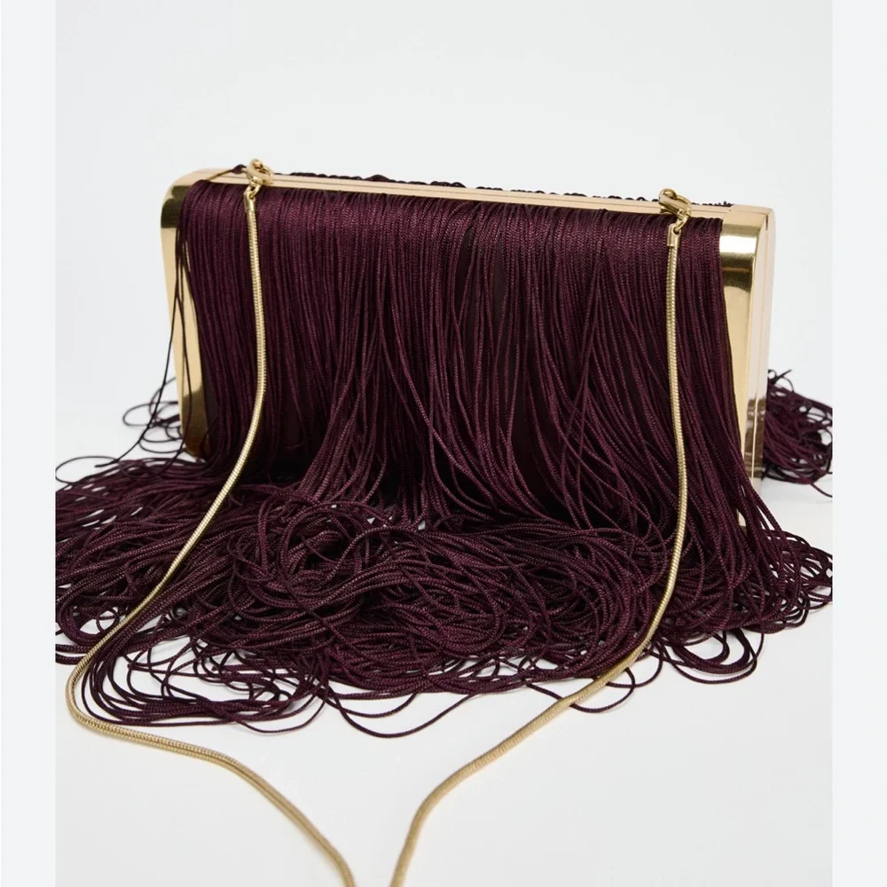 Zara NWT fringe clutch gold burgundy bag 6635/410 - Picture 5 of 8
